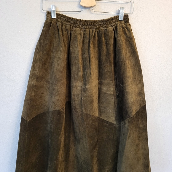 VTG 100% Leather Midi Skirt Fits S/M Gathered Full Two-Tone Solid Brown Western - Picture 4 of 13